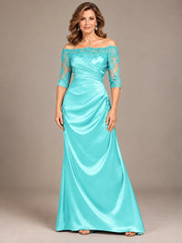 Satin Mother of the Bride Dress with Lace Sleeves Off Shoulder Formal Gown