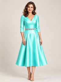 Aqua V-Neck Tea-Length Mother of the Bride Dress with Embellished Waist