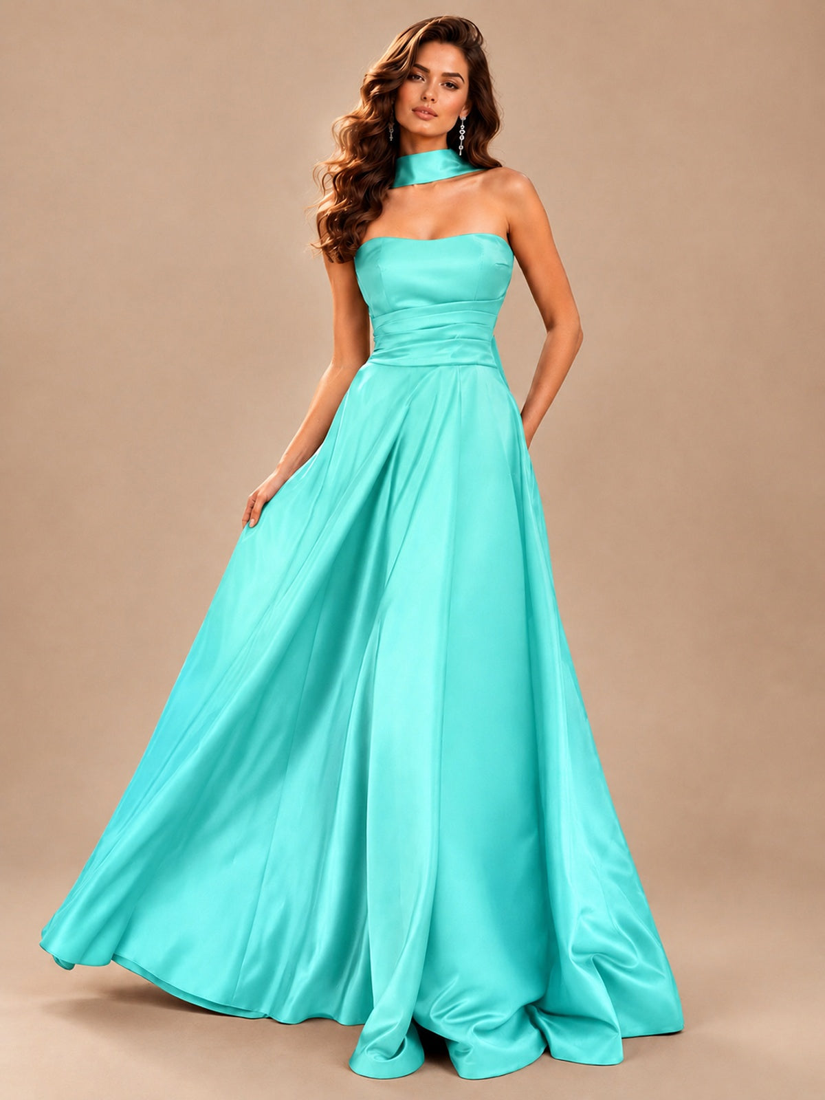 Strapless Prom Dress Side High Slit A-line Formal Dress with Scarf