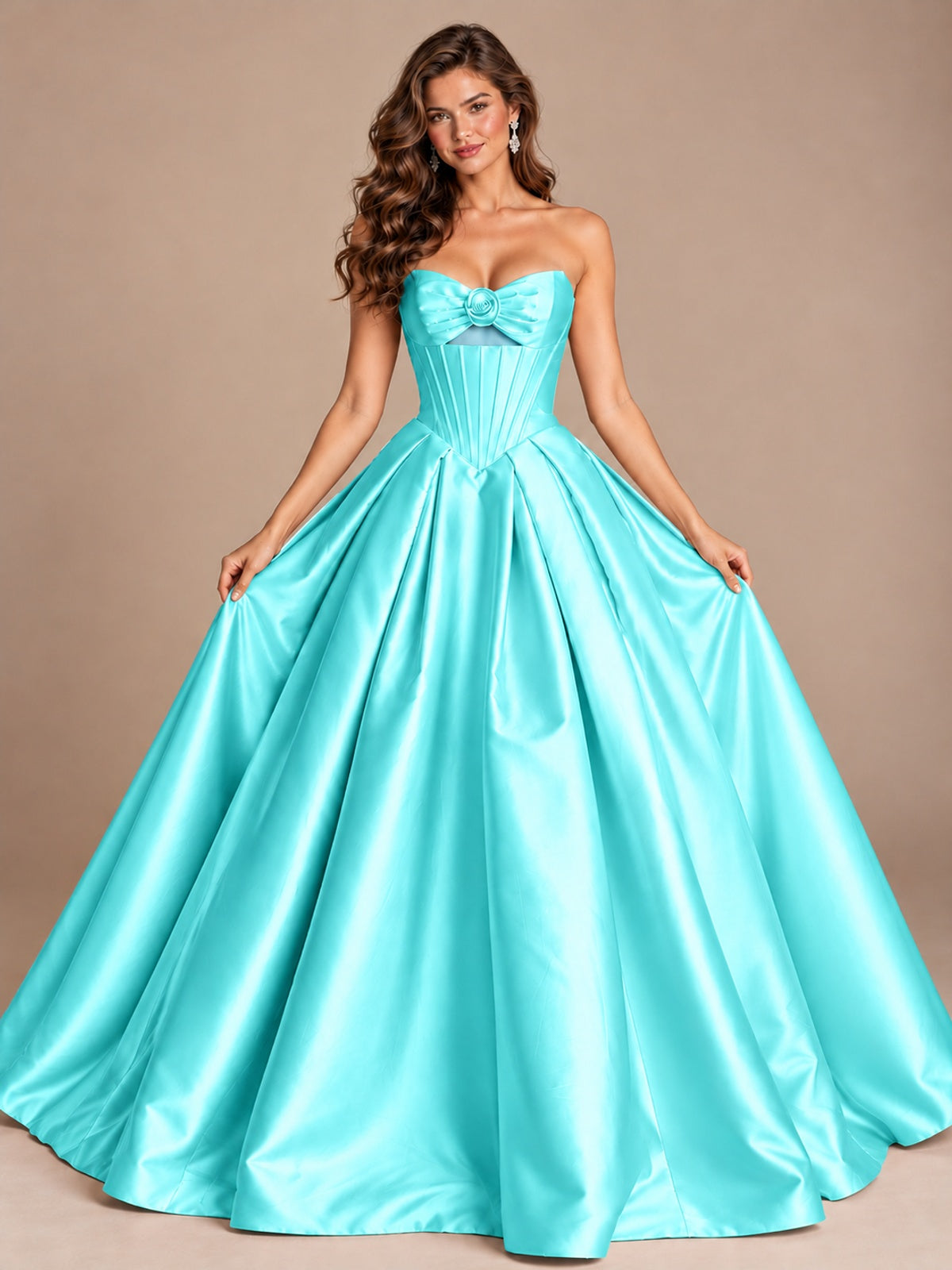 Pink Strapless Corset Satin Prom Derss & Ball Gown with 3D Floral