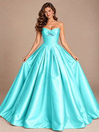 Pink Strapless Corset Satin Prom Derss & Ball Gown with 3D Floral