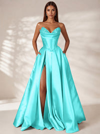 Aqua Strapless Corset Satin Prom Dress Long Evening Gown with High Slit