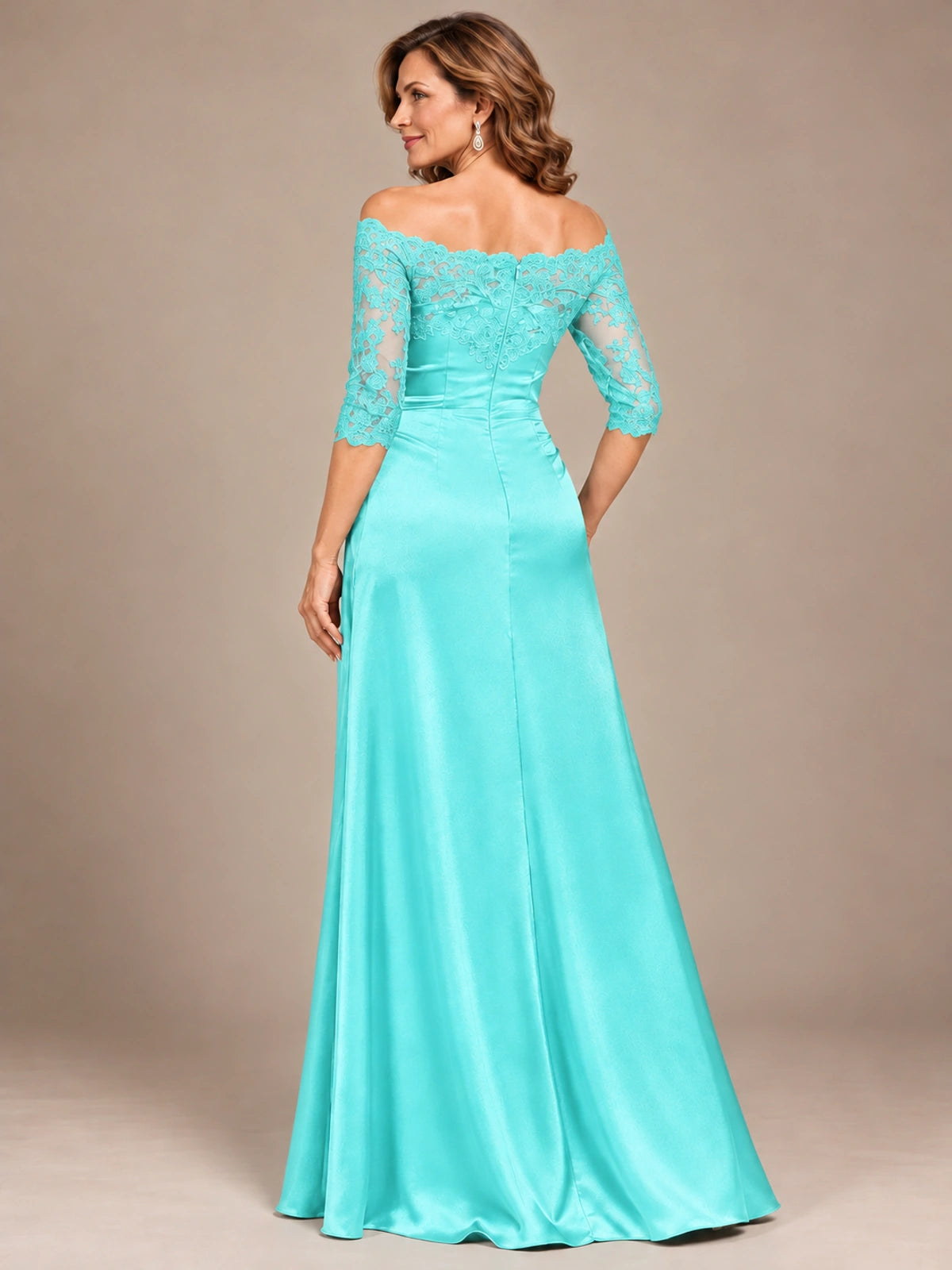 Satin Mother of the Bride Dress with Lace Sleeves Off Shoulder Formal Gown