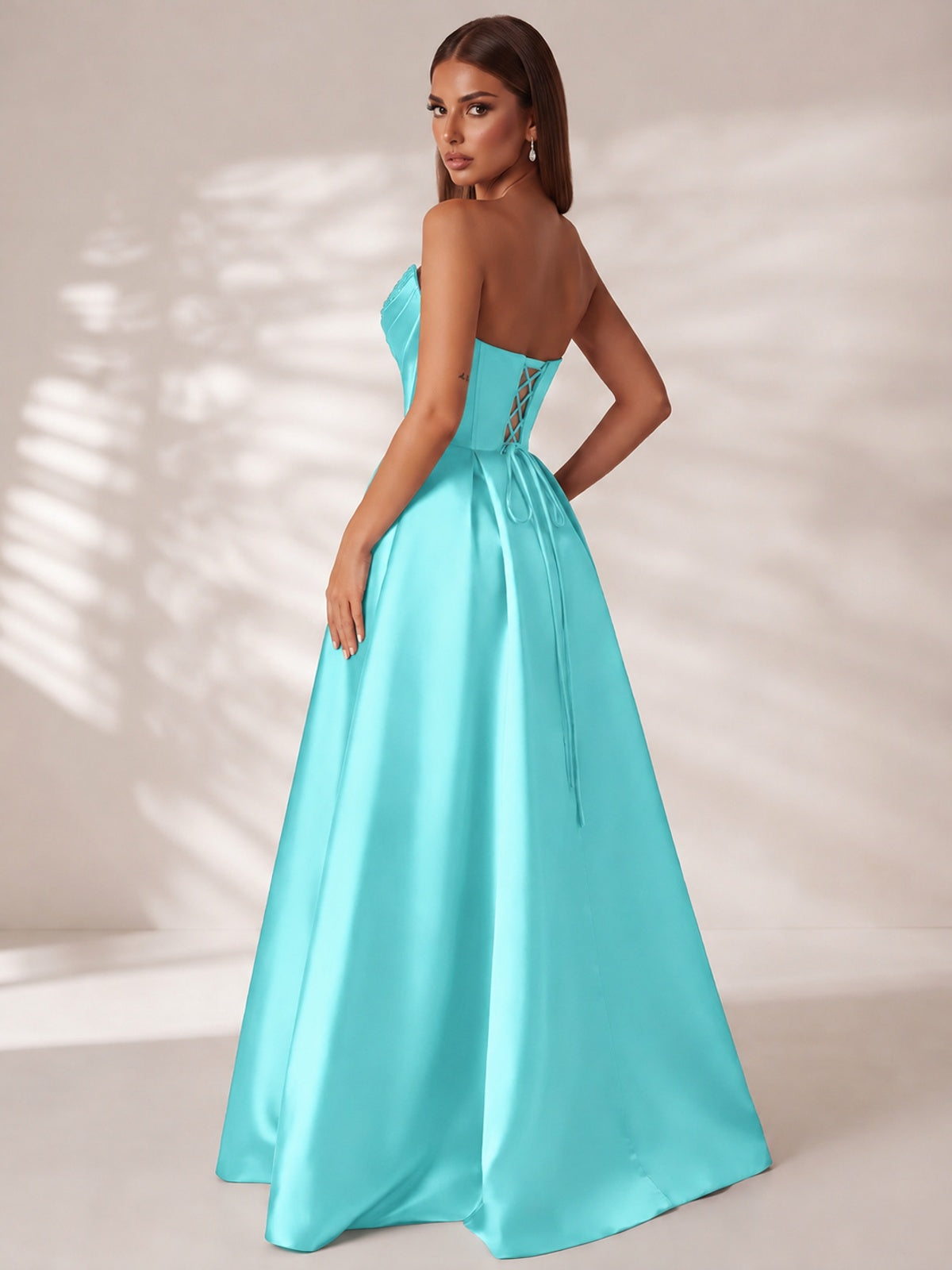 Strapless Corset Satin Prom Dress Long Evening Gown with High Slit