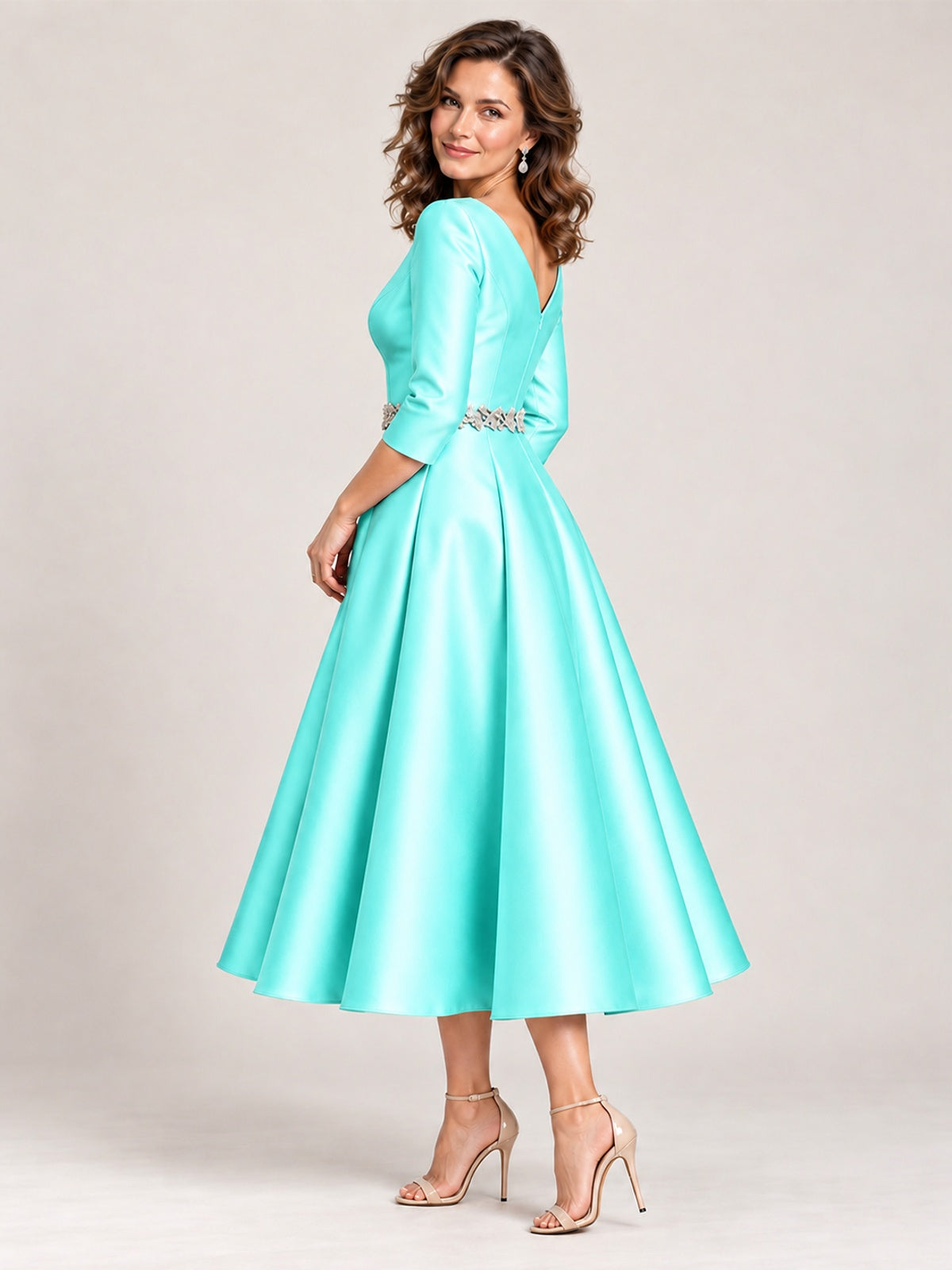 V-Neck Tea-Length Mother of the Bride Dress with Embellished Waist