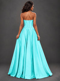 Draped Satin Prom Dress Strapless A-line Formal Dress Floor Length