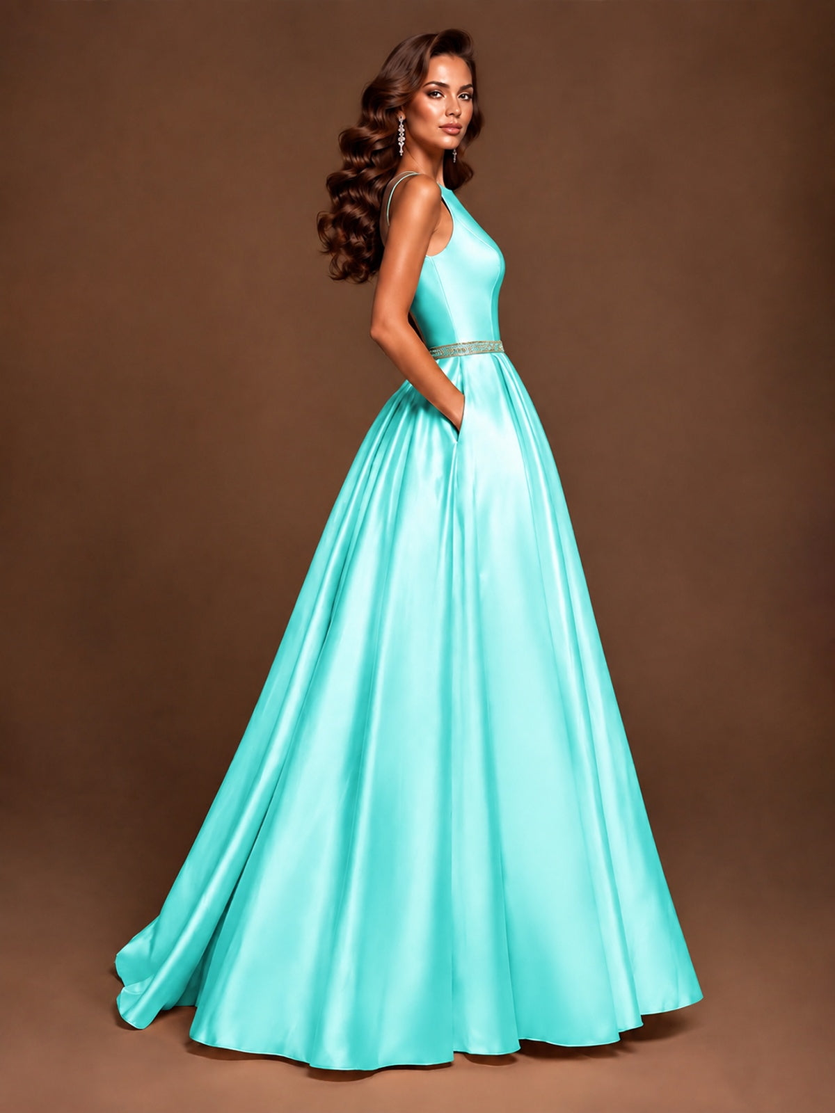 Satin A-Line Prom Dress Sleeveless Beaded Waist Formal Gown with Pockets