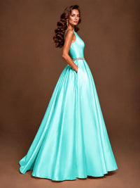 Satin A-Line Prom Dress Sleeveless Beaded Waist Formal Gown with Pockets