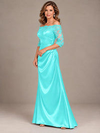 Satin Mother of the Bride Dress with Lace Sleeves Off Shoulder Formal Gown