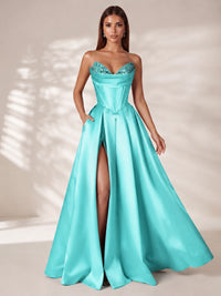 Strapless Corset Satin Prom Dress Long Evening Gown with High Slit