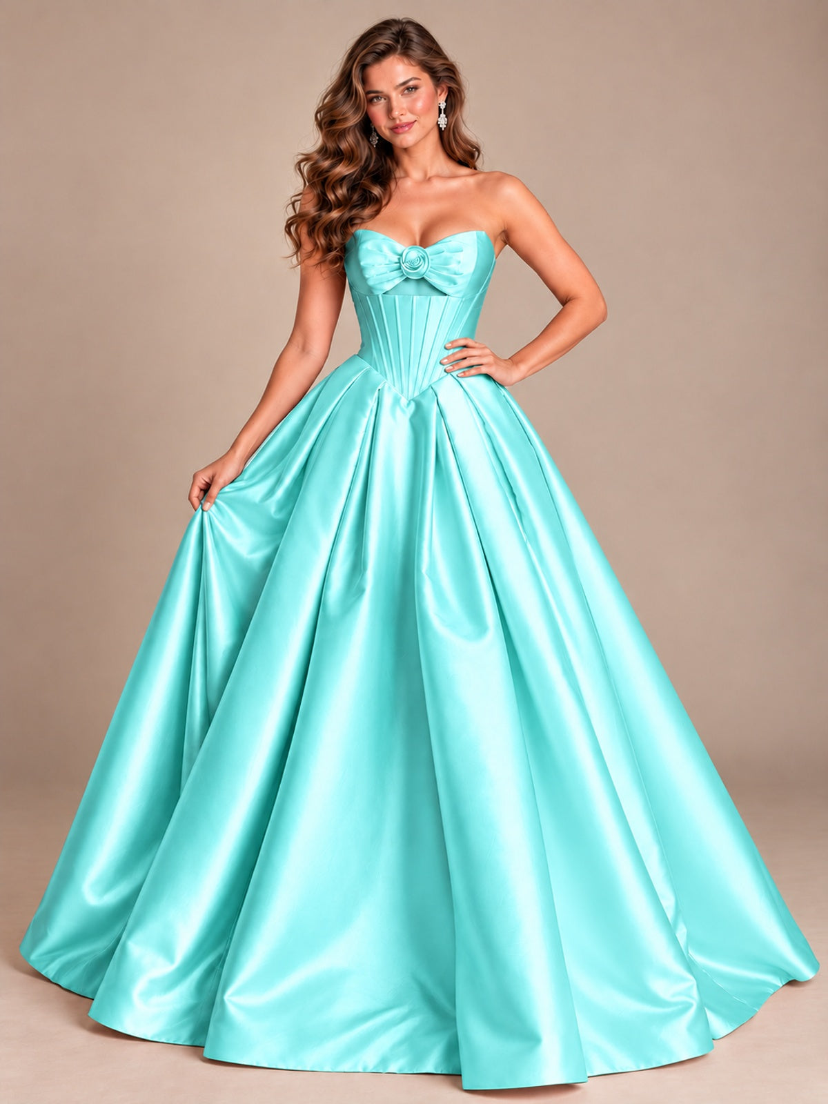 Pink Strapless Corset Satin Prom Derss & Ball Gown with 3D Floral