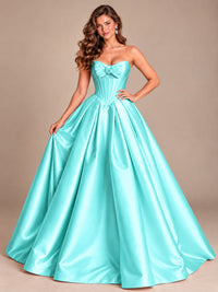 Pink Strapless Corset Satin Prom Derss & Ball Gown with 3D Floral