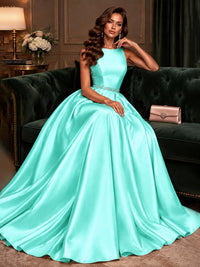 Satin A-Line Prom Dress Sleeveless Beaded Waist Formal Gown with Pockets