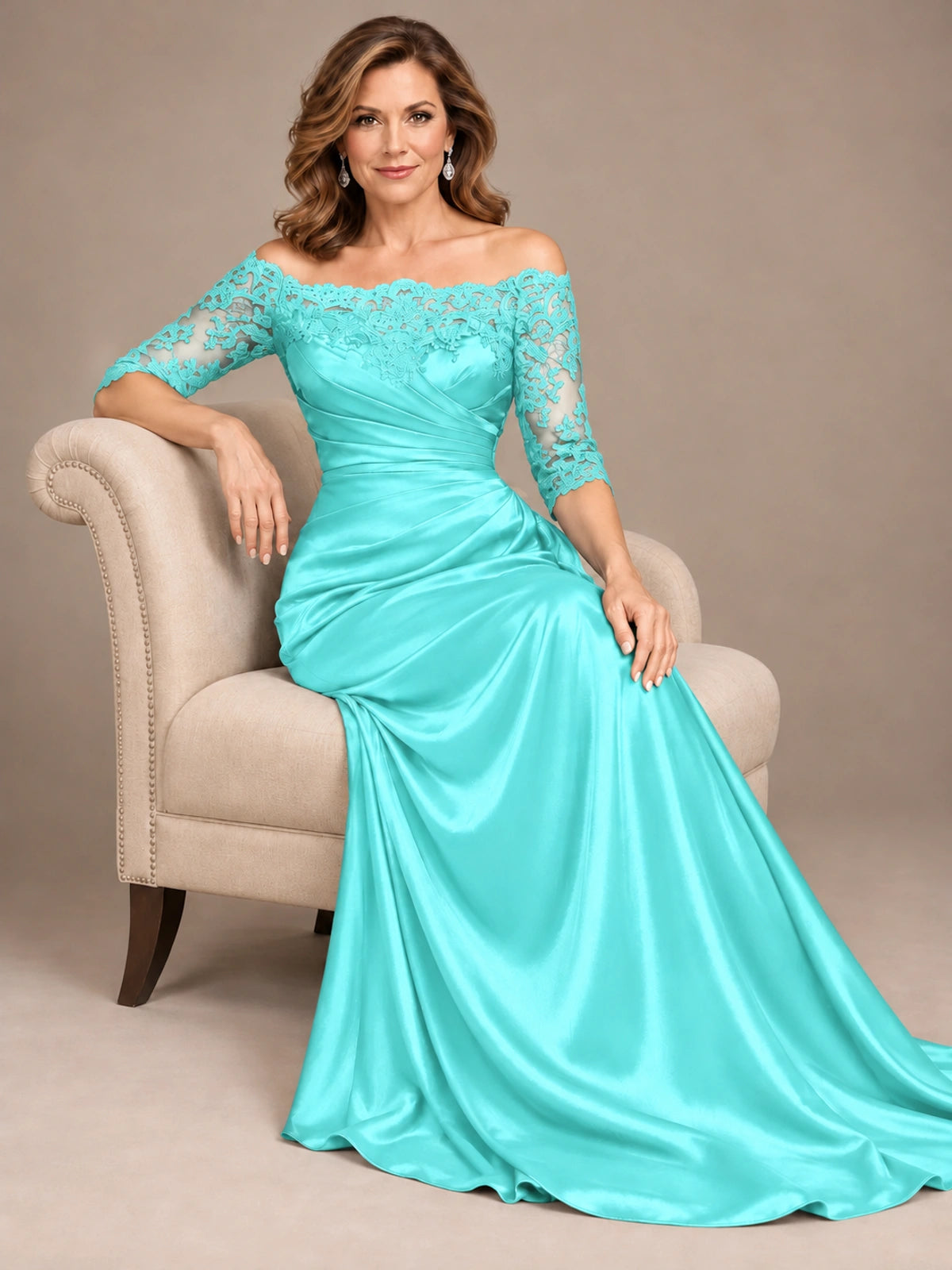 Satin Mother of the Bride Dress with Lace Sleeves Off Shoulder Formal Gown