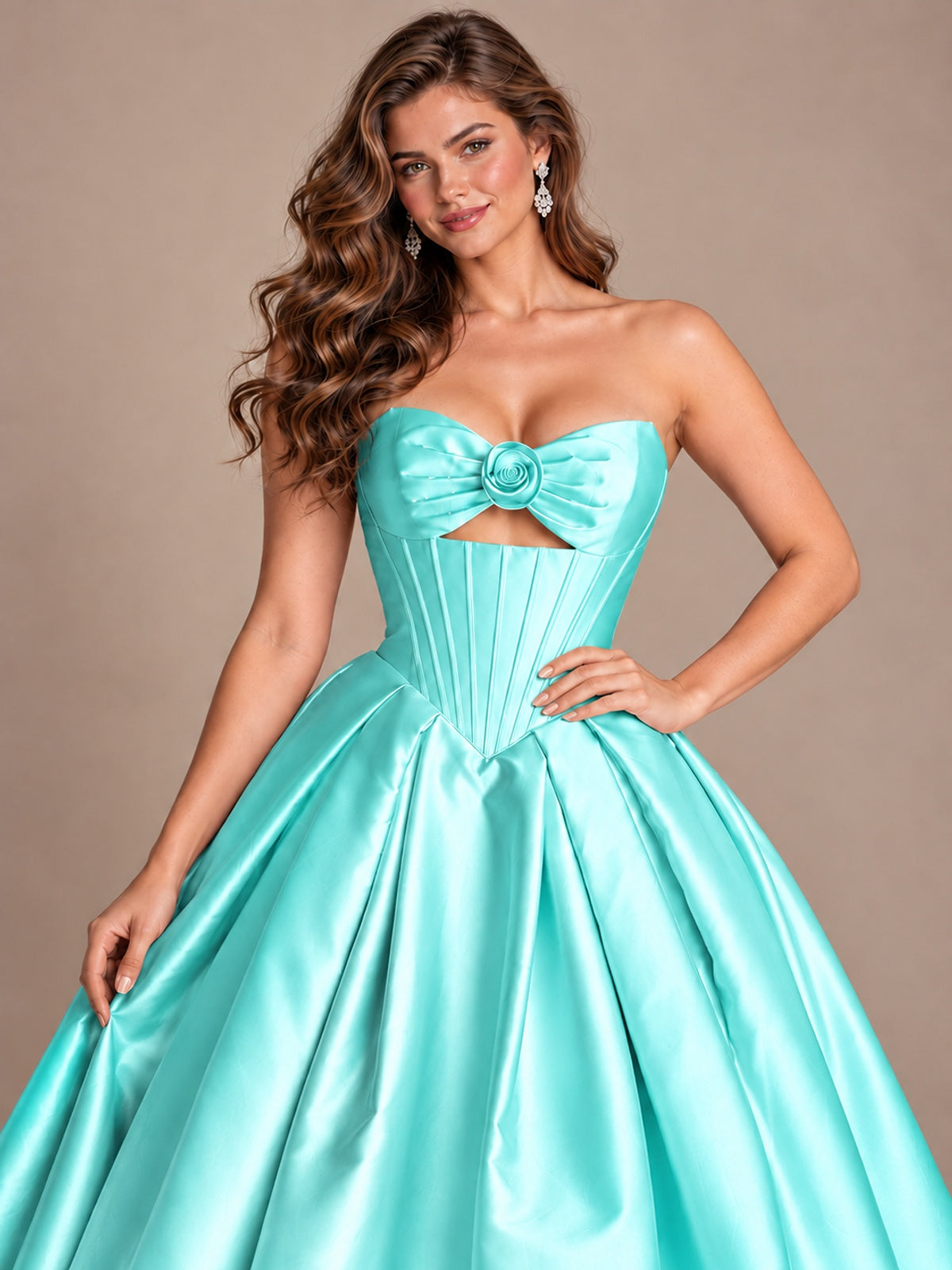 Pink Strapless Corset Satin Prom Derss & Ball Gown with 3D Floral