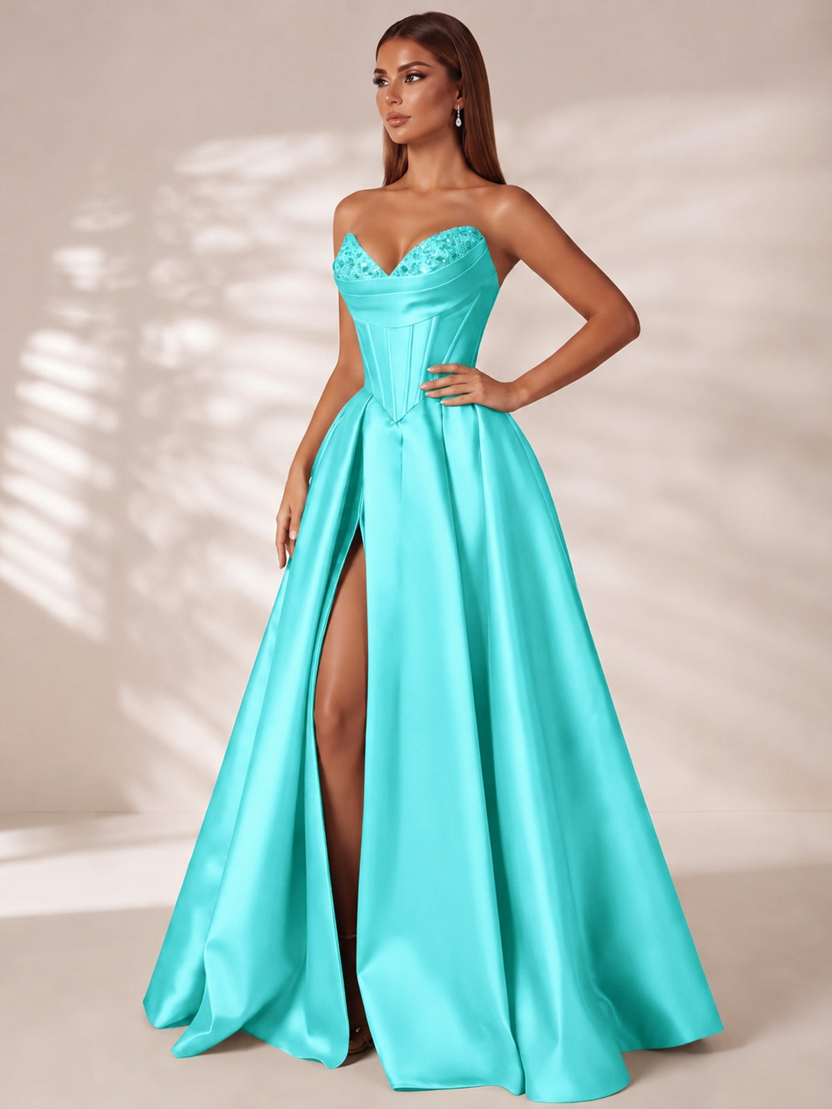 Strapless Corset Satin Prom Dress Long Evening Gown with High Slit