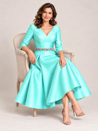V-Neck Tea-Length Mother of the Bride Dress with Embellished Waist