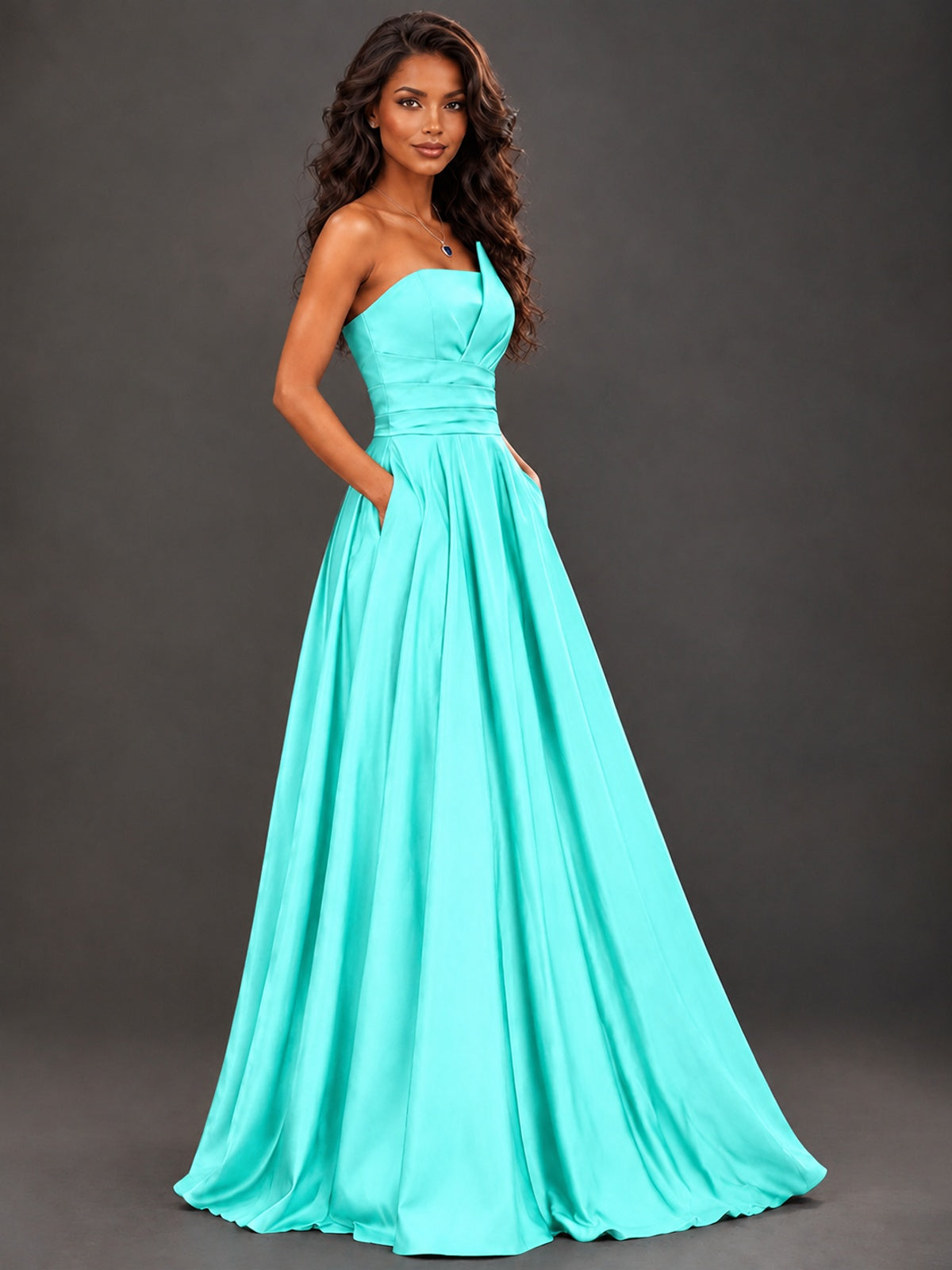 Draped Satin Prom Dress Strapless A-line Formal Dress Floor Length