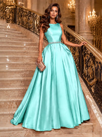 Satin A-Line Prom Dress Sleeveless Beaded Waist Formal Gown with Pockets