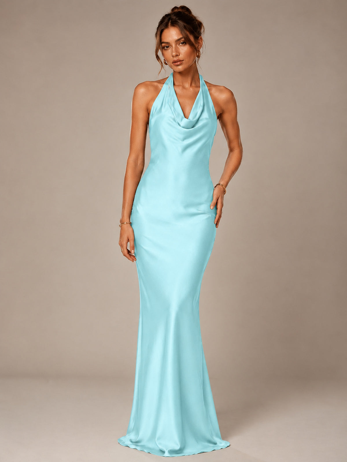 Olive Green Halter Satin Mermaid Maxi Dress