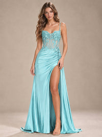 Mermaid Satin Prom Dress with Floral Appliqué Corset and High Slit