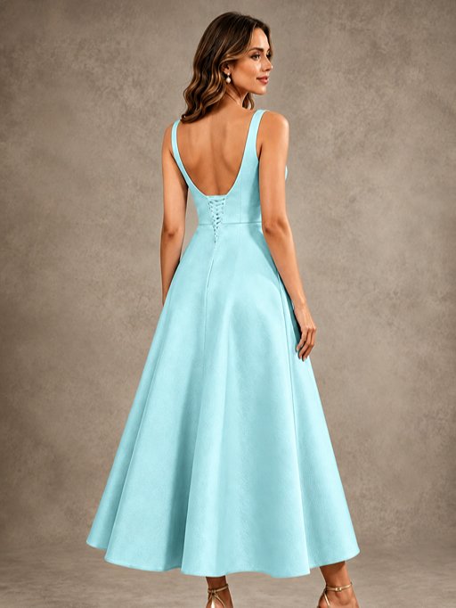 Tea-Length Satin Mother of the Bride Dress with 3D Flower Detail