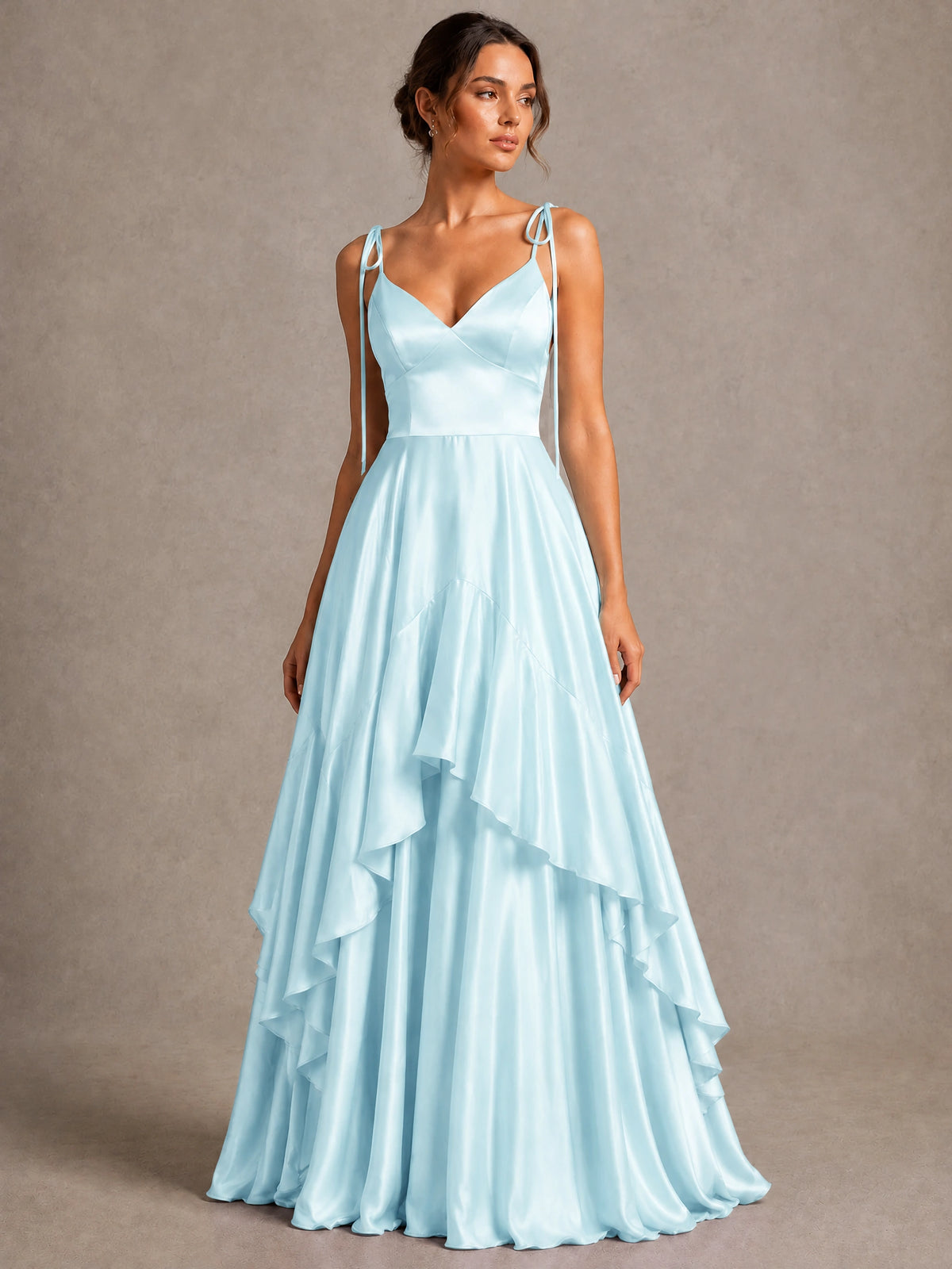 Lavender Satin V-Neck Ruffle Maxi Dress