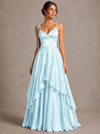 Lavender Satin V-Neck Ruffle Maxi Dress