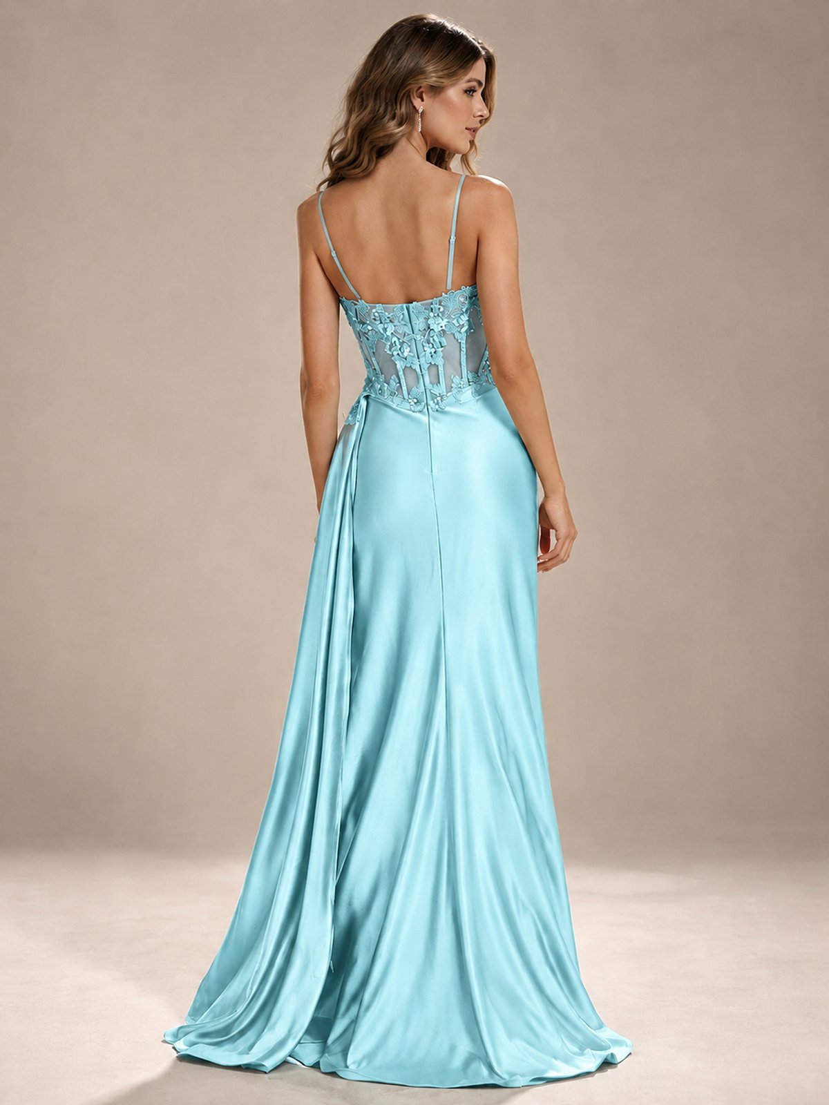Mermaid Satin Prom Dress with Floral Appliqué Corset and High Slit