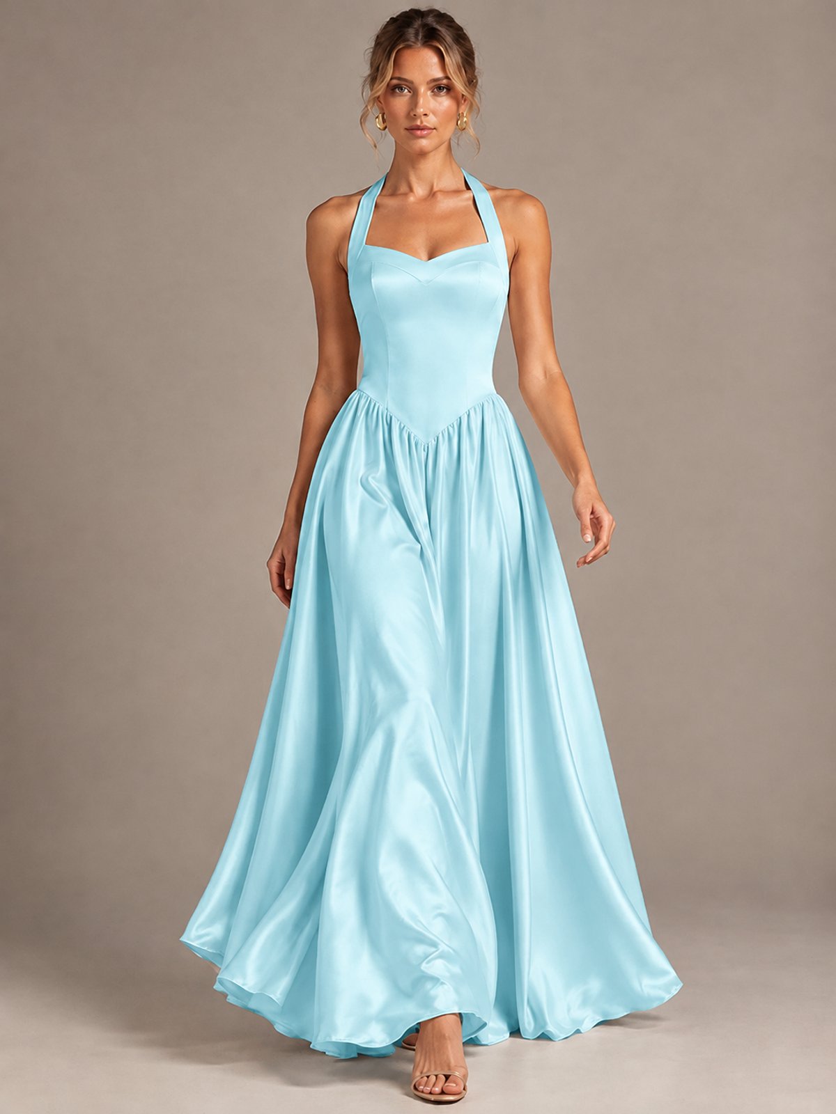 Light Yellow Halter Neck Satin A-Line Maxi Dress with Pockets