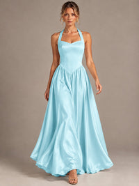 Light Yellow Halter Neck Satin A-Line Maxi Dress with Pockets