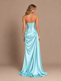 Dusty Blue Strapless Satin Prom Dress with Ruched Bodice and Slit