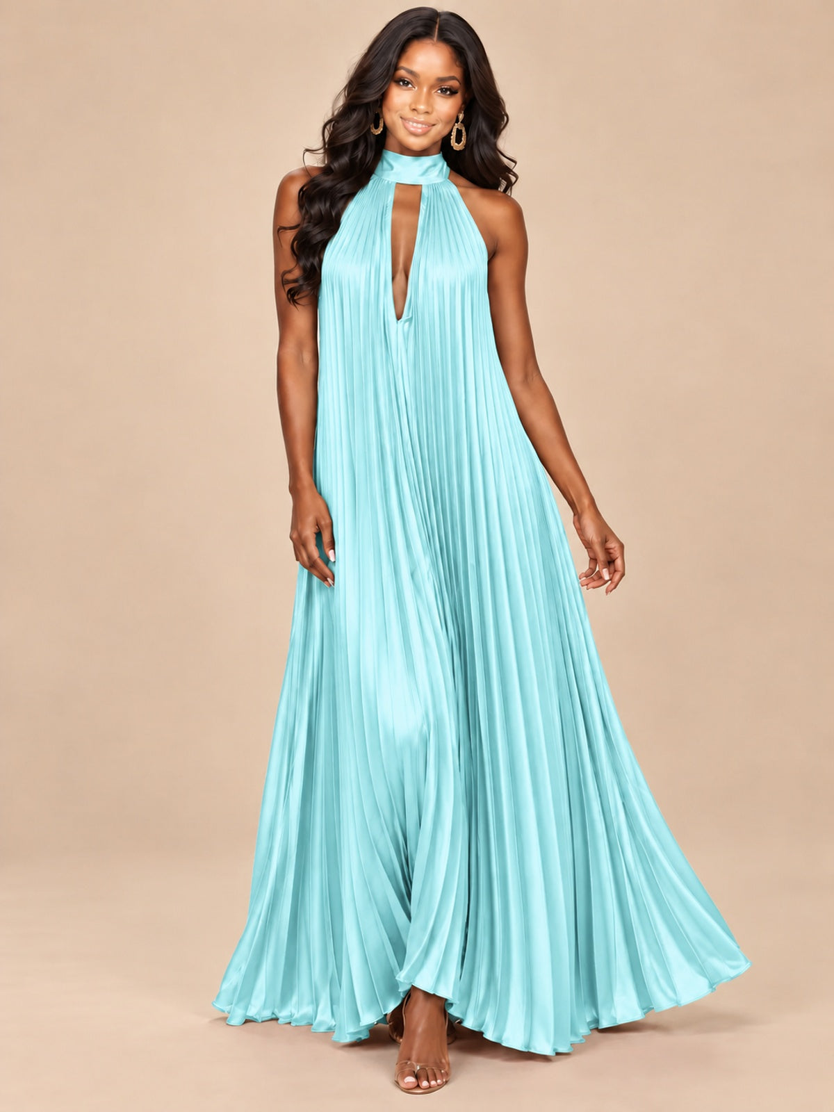 Rust Orange Pleated Halter Neck Maxi Dress