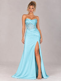 Strapless Satin Prom Dress with Sheer Lace Corset & High Slit