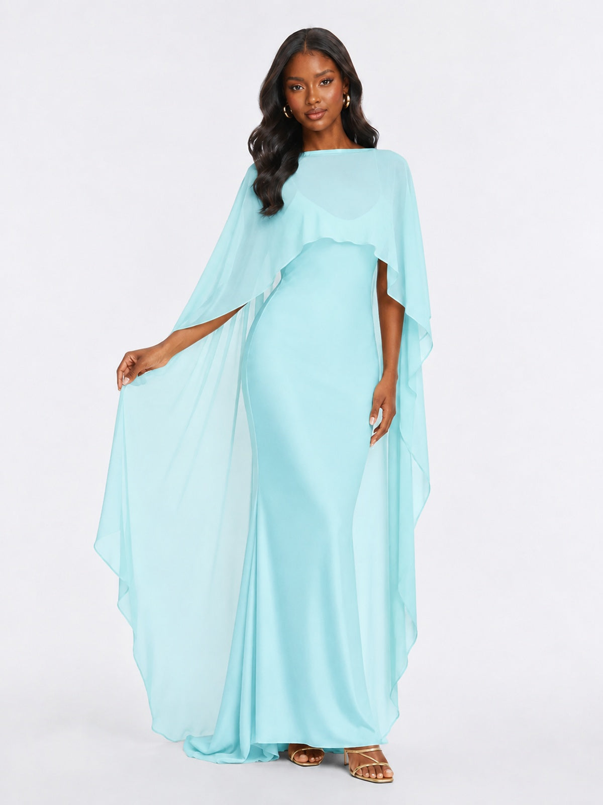 Satin Cape Prom Dresses Meramid Maxi Dress