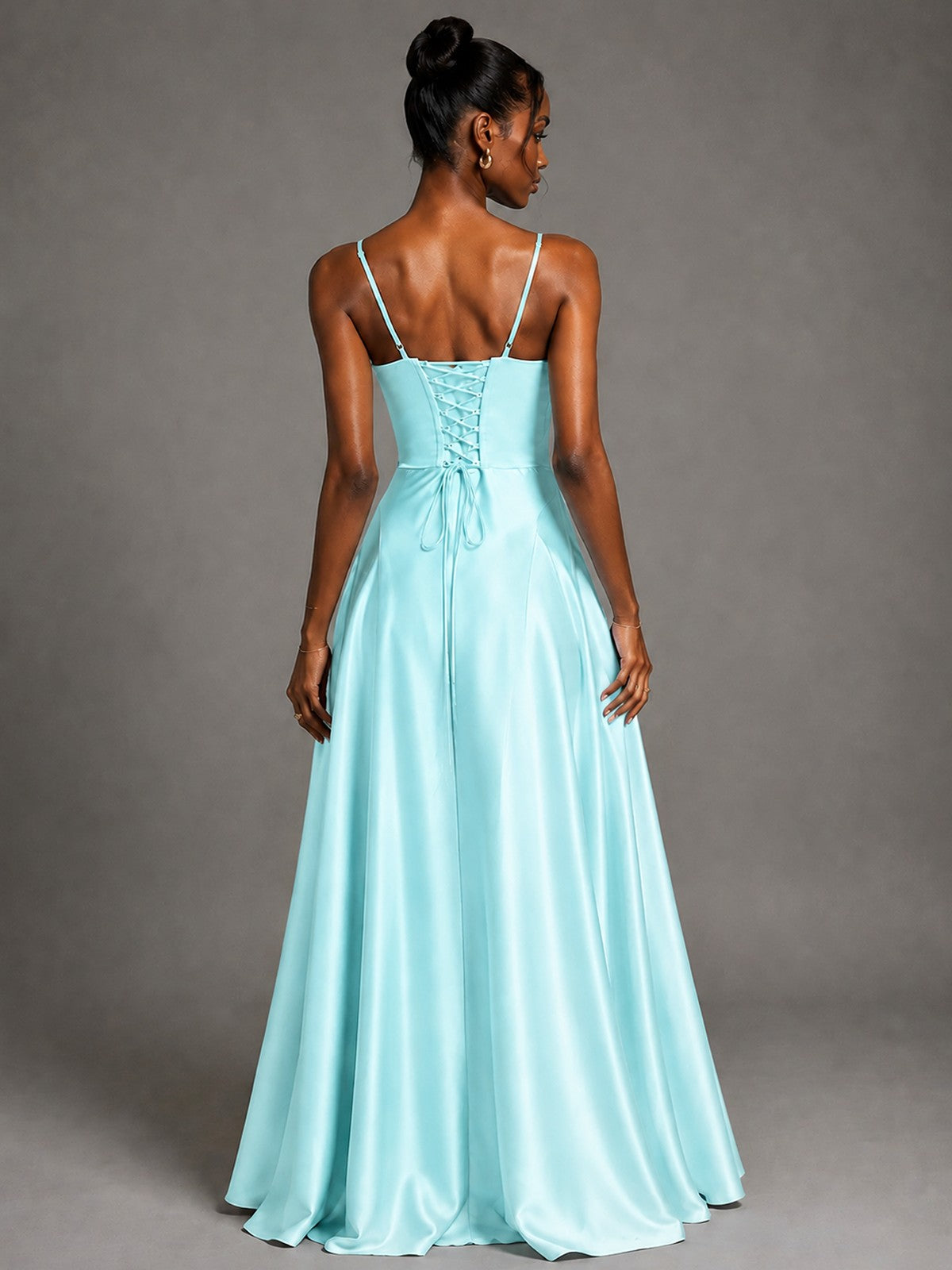 Lavender V Neck Satin Prom Dress with Spaghetti Straps