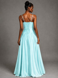 Lavender V Neck Satin Prom Dress with Spaghetti Straps