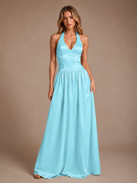 Pink V Neck Halter Satin Maxi Dress
