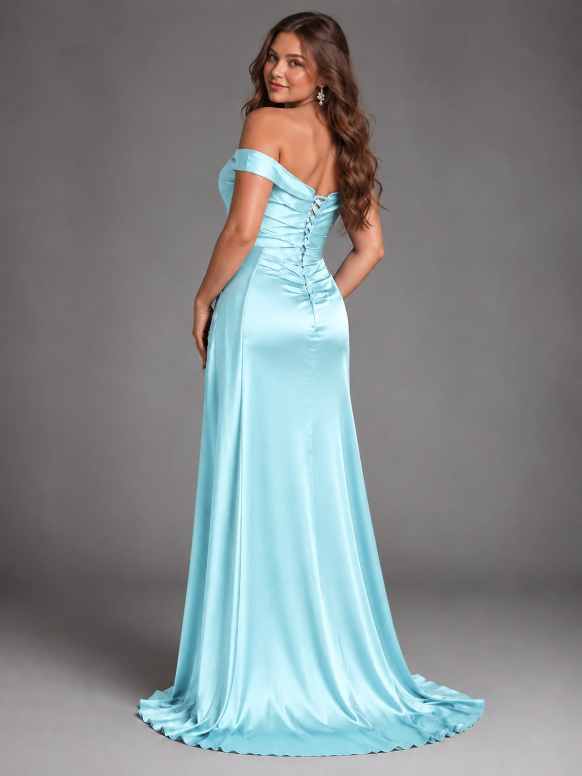 Off Shoulder Satin Maxi Dress with Slit