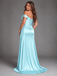 Off Shoulder Satin Maxi Dress with Slit