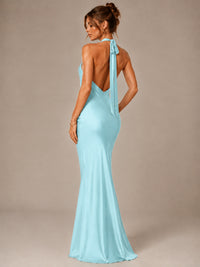 Olive Green Halter Satin Mermaid Maxi Dress