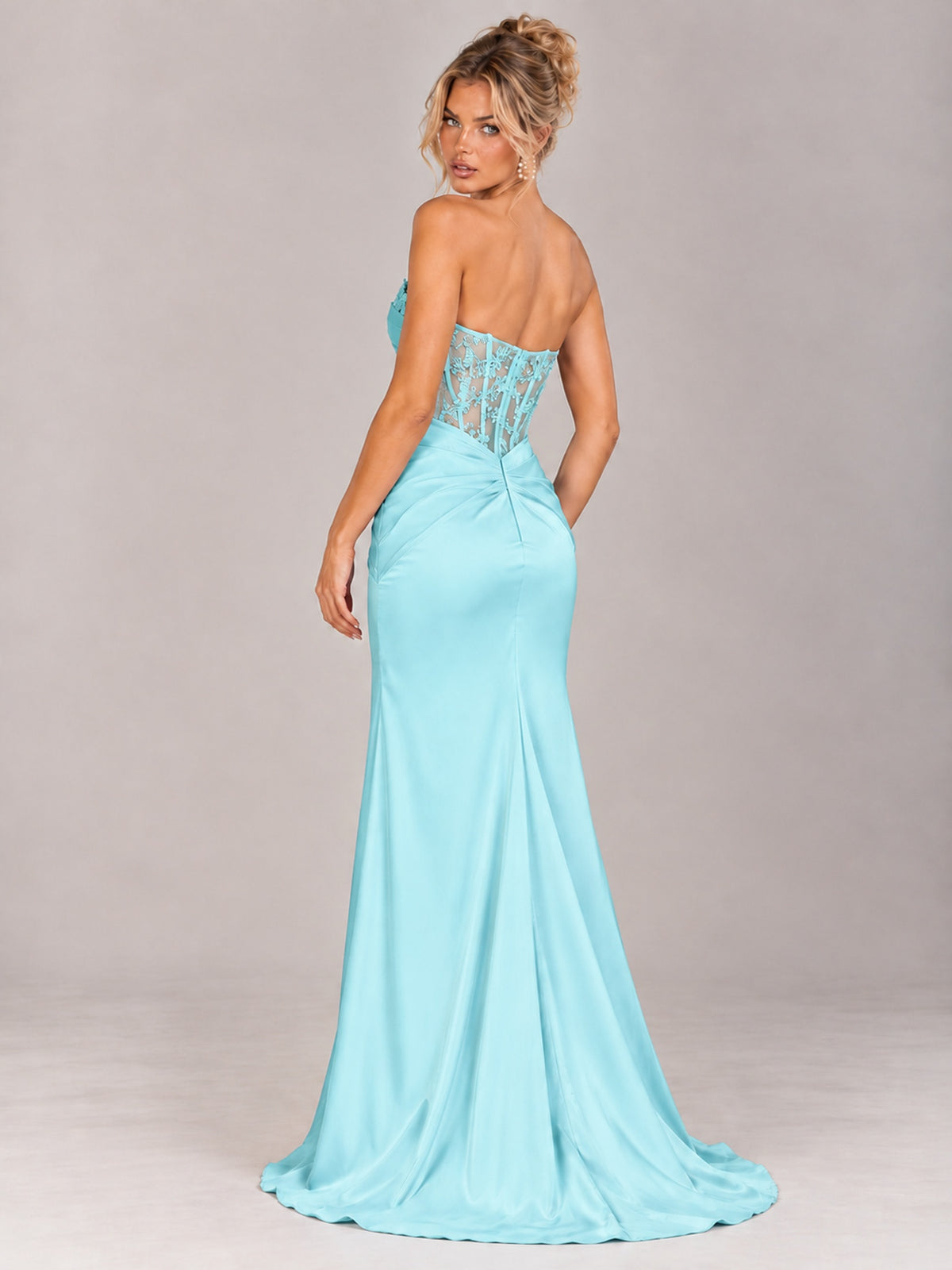 Strapless Satin Prom Dress with Sheer Lace Corset & High Slit