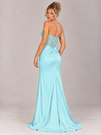 Strapless Satin Prom Dress with Sheer Lace Corset & High Slit