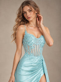 Mermaid Satin Prom Dress with Floral Appliqué Corset and High Slit