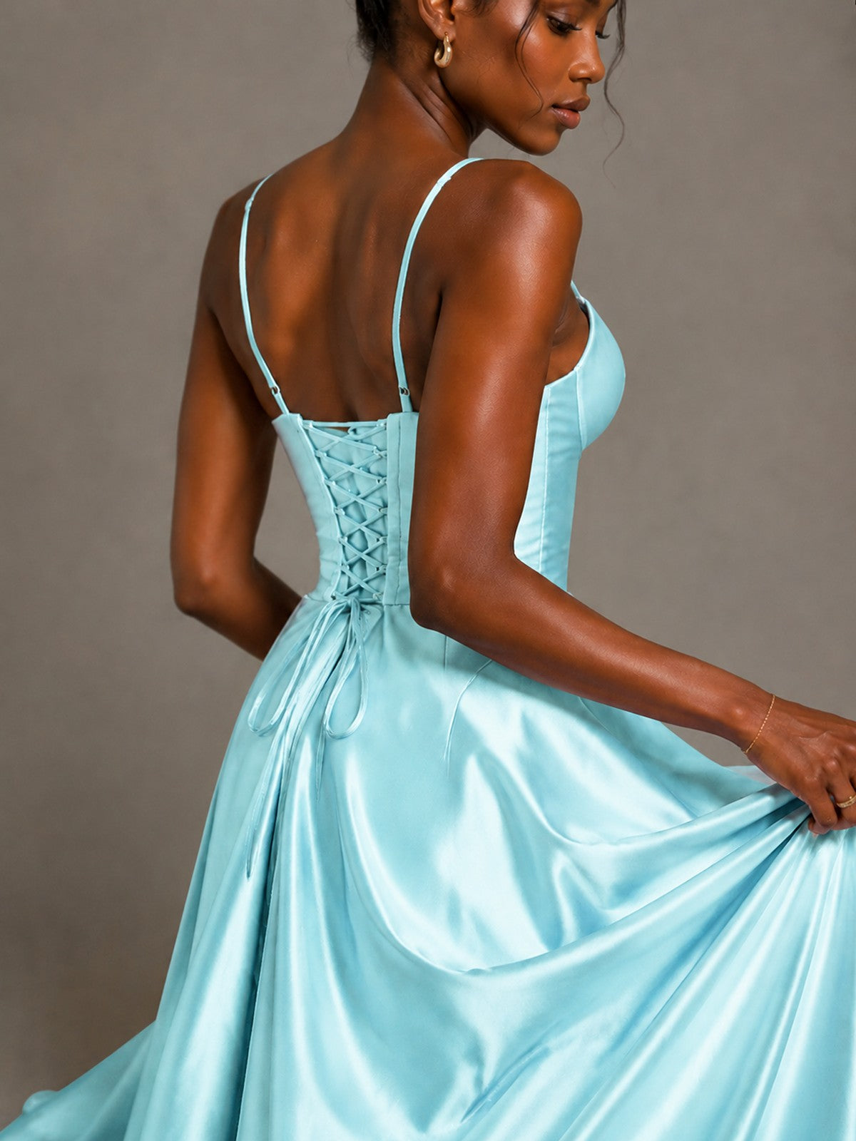 Lavender V Neck Satin Prom Dress with Spaghetti Straps
