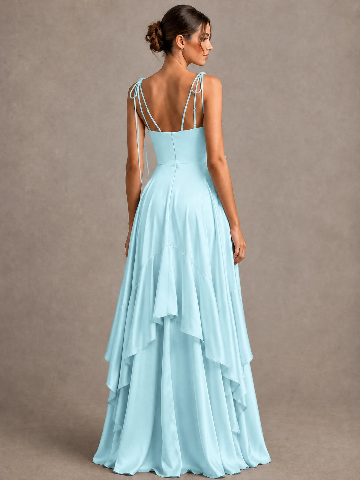 Lavender Satin V-Neck Ruffle Maxi Dress