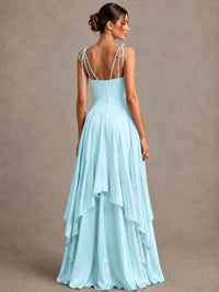Lavender Satin V-Neck Ruffle Maxi Dress