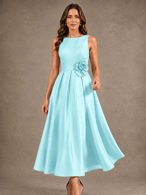 Tea-Length Satin Mother of the Bride Dress with 3D Flower Detail