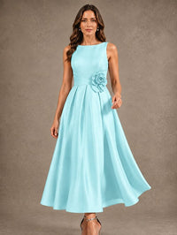 Tea-Length Satin Mother of the Bride Dress with 3D Flower Detail