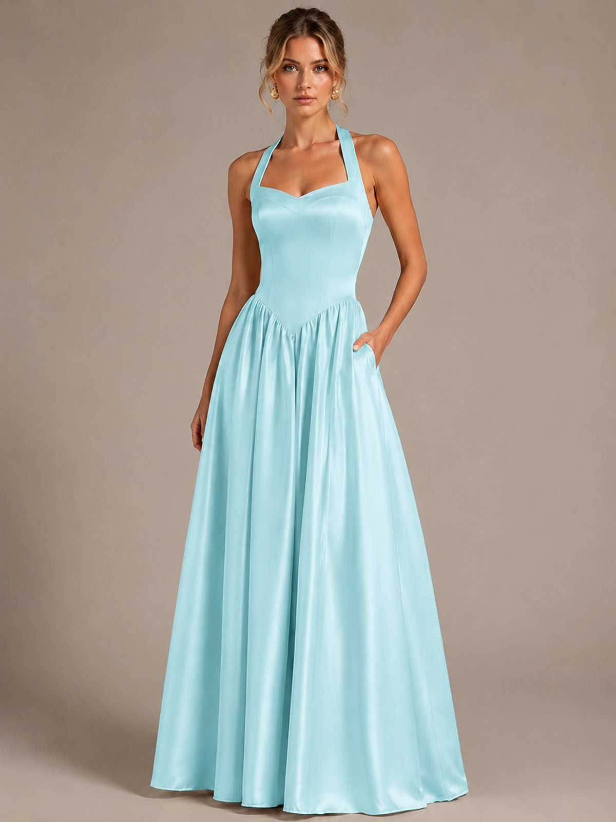 Light Yellow Halter Neck Satin A-Line Maxi Dress with Pockets
